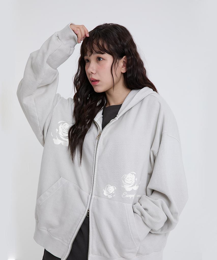 Escapefrom Rose Stamp Print Two-Way Pigment Zip-Up Hoodie Sand Beige
