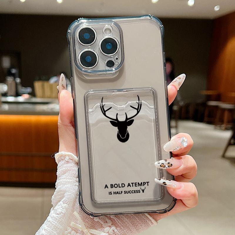 For iPhone 16E 16 Pro Max 15 Pro 14 13 12 11 Cover Shell Simple Deer Pattern Clear Card Pocket Slot Slim Shockproof Soft Silicone Phone Case