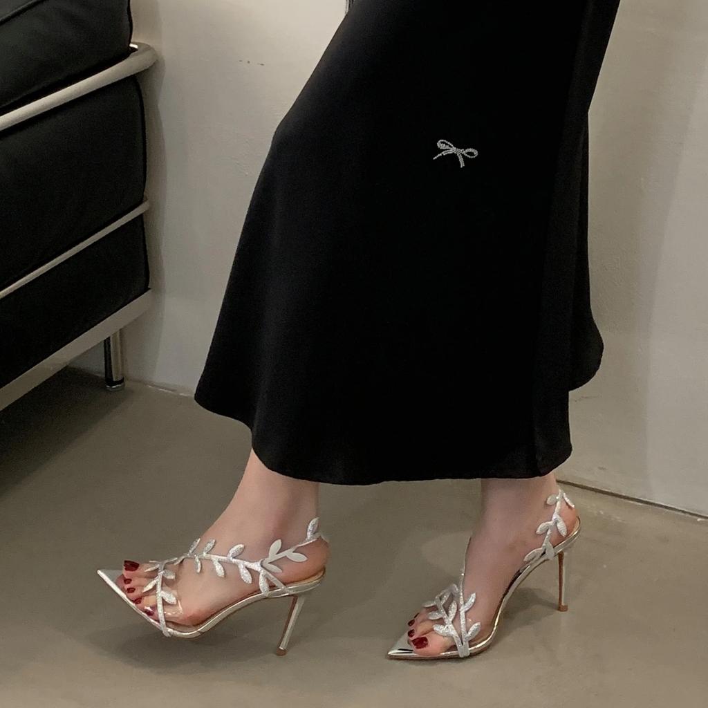 Sommer Damen Pumps Sexy Spitzschuh Strass Blätter PVC Knöchelriemen High Heel Sandalen Partykleid Hochzeitsschuhe