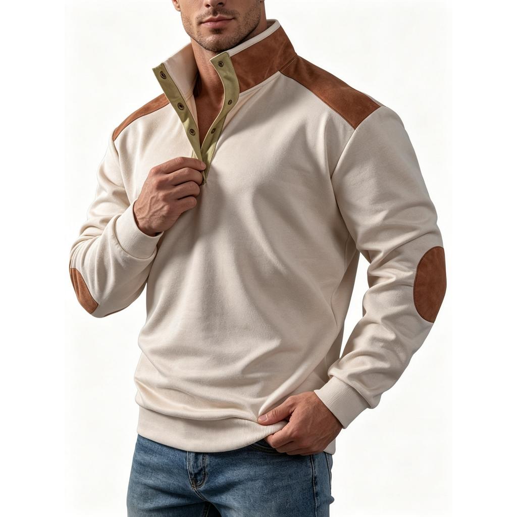 Men's Vintage Patchwork Stand Collar Half-Button Sweatshirt Casual Long Sleeve Top