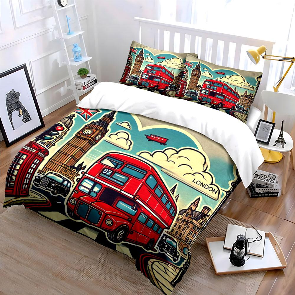 London Travel Icon Set Bedding Set with 1 Duvet Cover 2 Pillowcases Single Double King Queen, Gift
