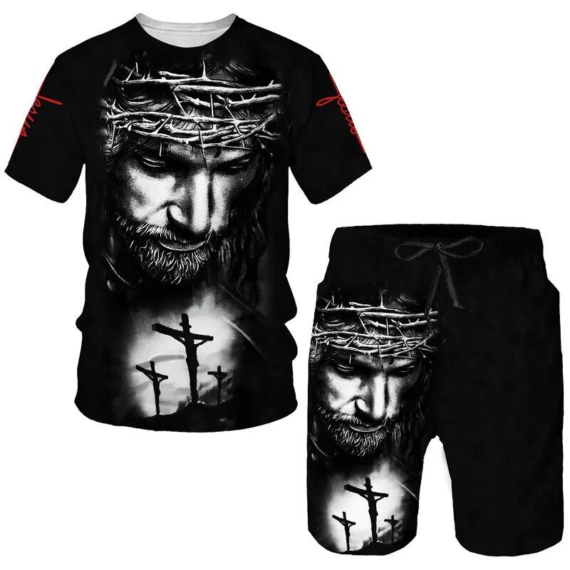 Vintage Shorts Set 3D Jesus T-Shirt Männer Casual Herren T-Shirt + Shorts Sets Herren Sport Sets T-Shirt Männer Outfits Oversize Set 2 Stück