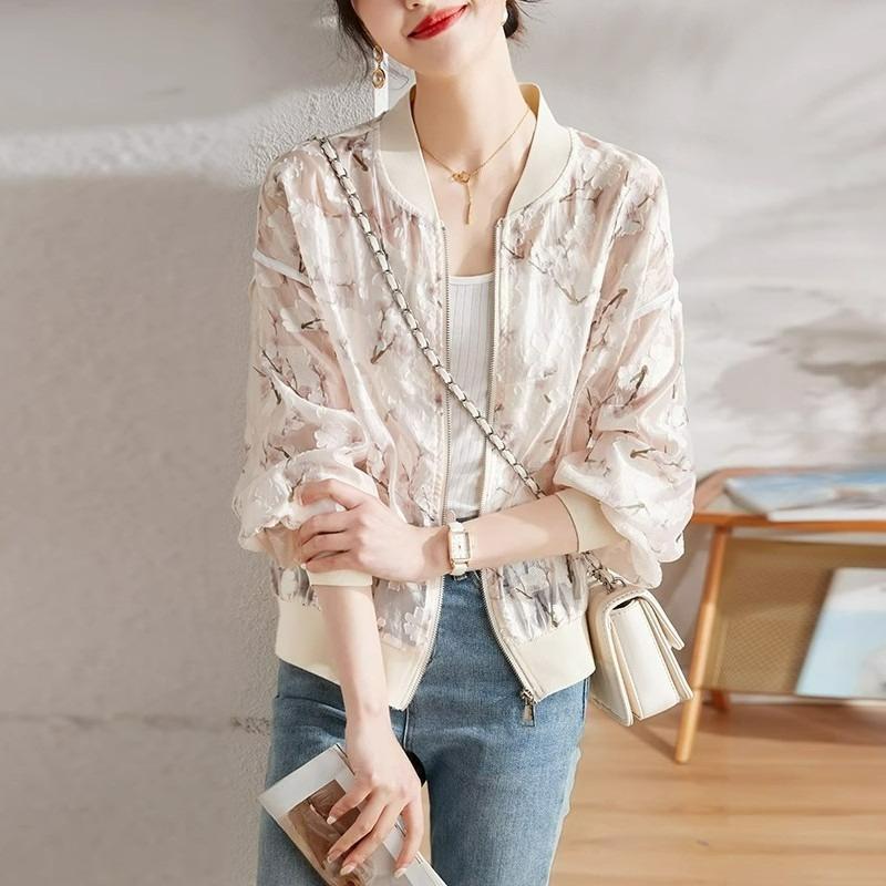 

Jacquard Chiffon Sunscreen Clothing Women s Summer All-match Western Style Thin Long-sleeved Small Jacket Jacket 6XL бежевий