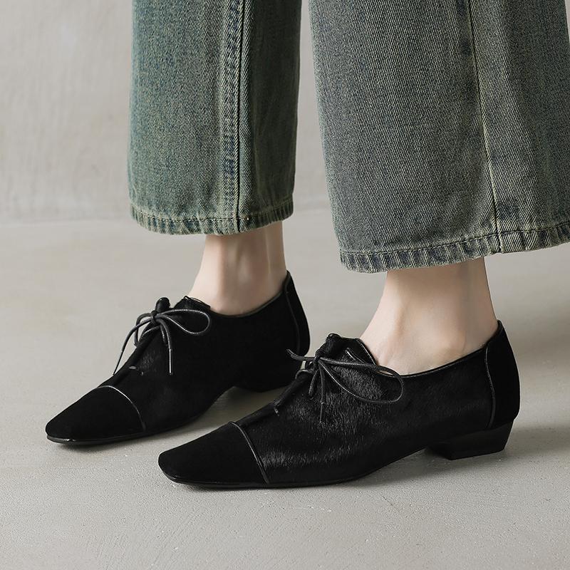 Fashion 2025 New Spring Women Loafers Square Toe Chunky Heel Shoes Genuine Leather Shoes for Women Slip-on Women Pumps Horsehair Shoes