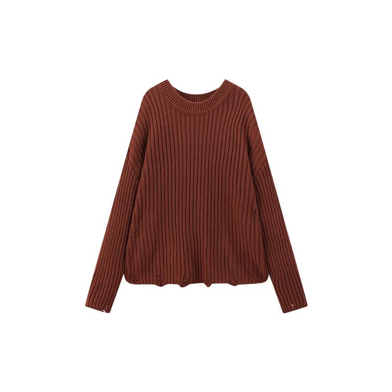 Women's Retro Brick Red Distressed Knit Sweater