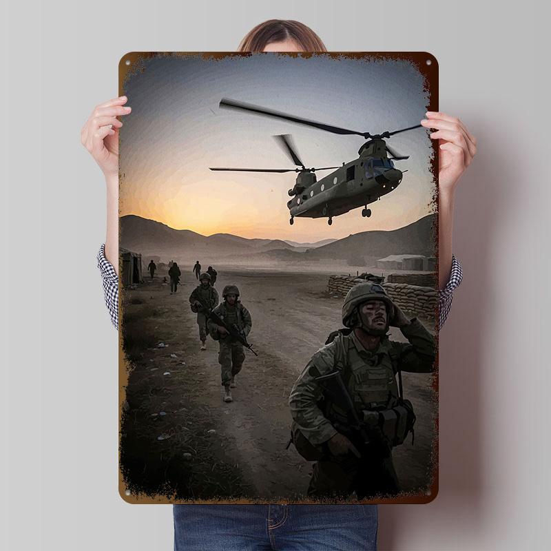 Military Operation Chinook Helicopter Tinplate Posters Customizable Wall Art Retro Vintage Metal Signs for Home Room Wand Deko 20X30CM