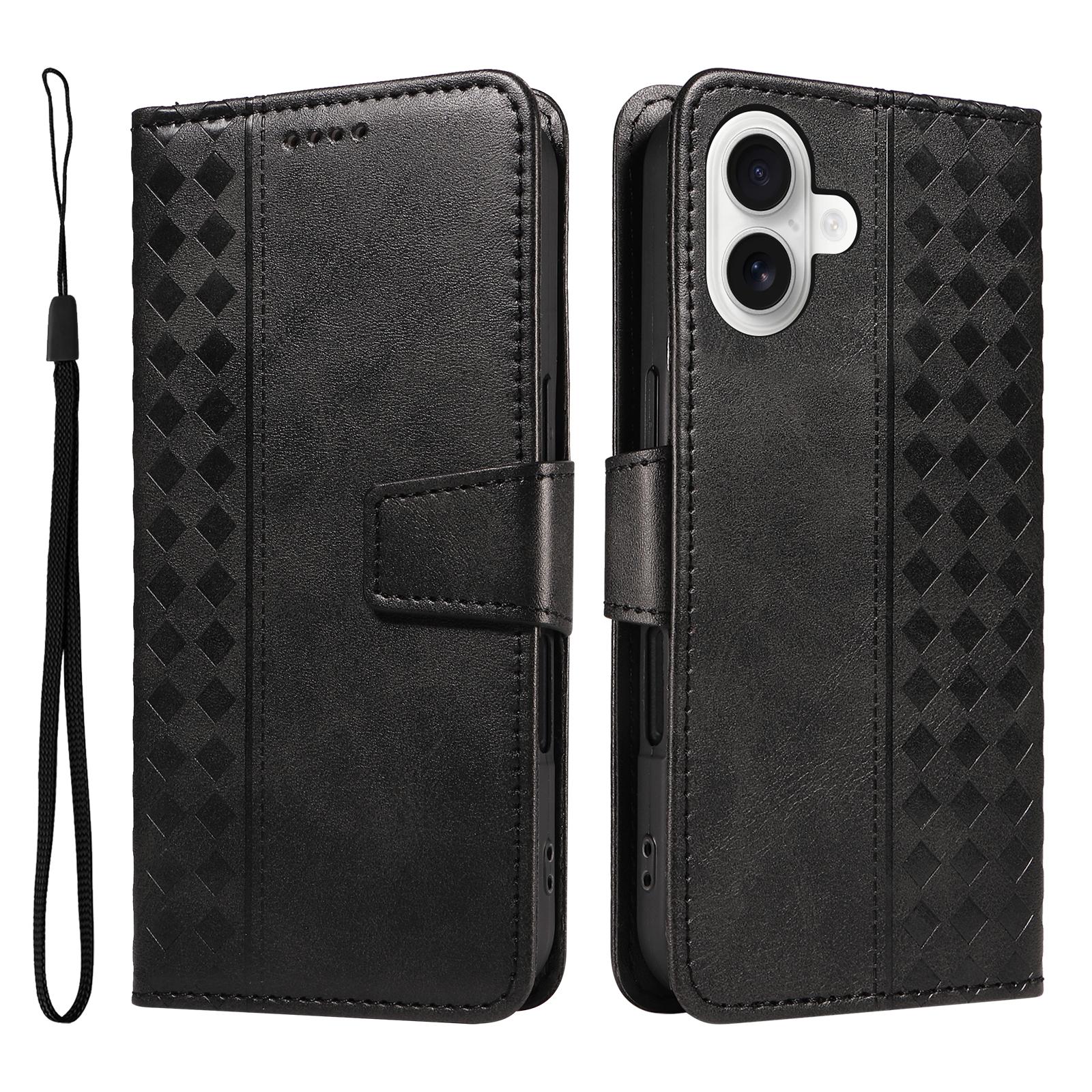 

For iPhone 16 Plus Leather Case Wallet Stand Grids Imprinted Phone Cover with Strap Black