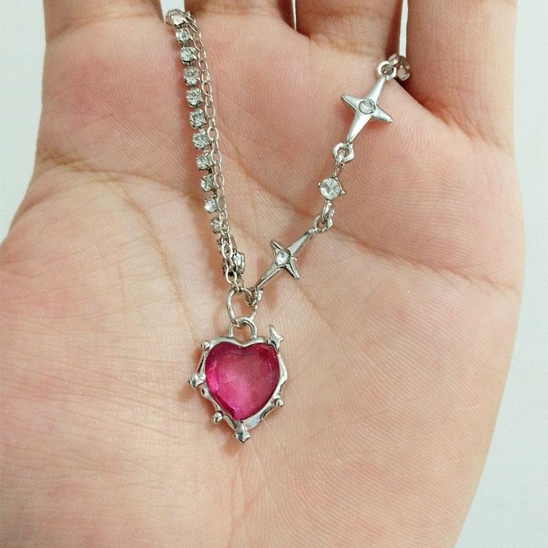 Y2K Pink Crystal Heart Pendant Necklace Women Sweet Cool Girl Punk Clavicle Chain Fashion Aesthetic Necklace Jewelry Gift 2026