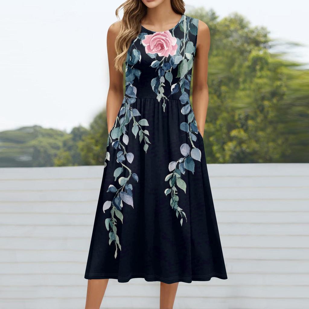 Robe mi-longue décontractée à imprimé à la mode pour femmes, col rond, sans manches, avec poche