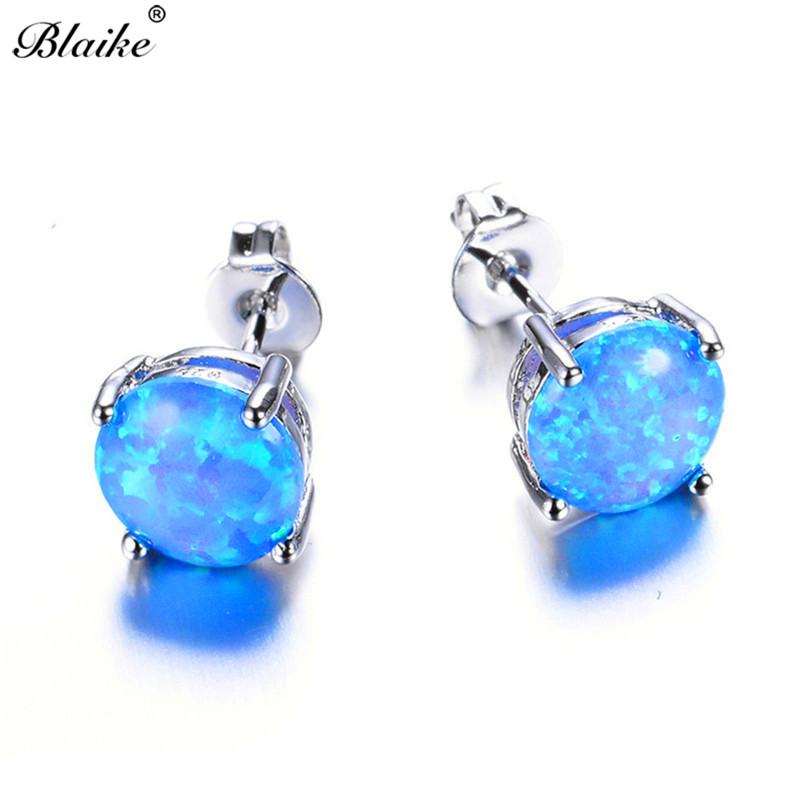 Luxury Jewelry Exquisite 6MM Round White Blue Green Fire Opal Stud Earrings For Women Silver Color Wedding Party Jewelry Gifts