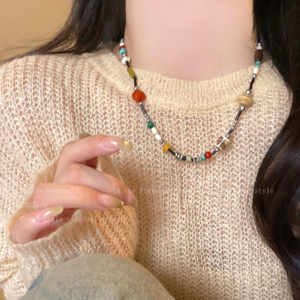New Chinese Retro Beaded Necklace, Female Ethnicity Temperament, Collarbone Chain, Dopamine Wooden Neck Chain with Jewelry