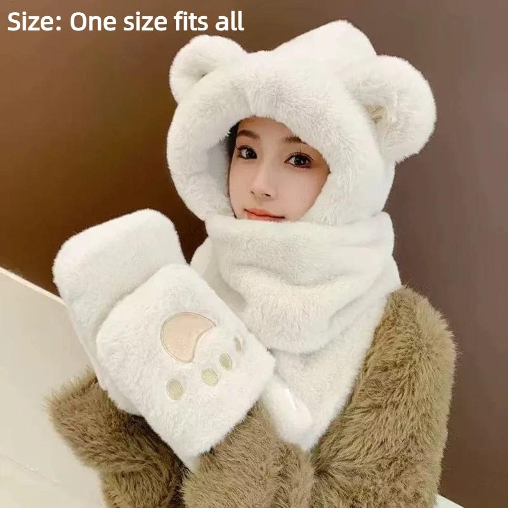 3-in-1 Hooded Scarf Windproof Winter Plush Scarf Cute Neck Warmer  Outdoor