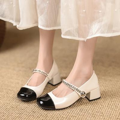 Fashion Shallow Mouth Round Toe Retro Woman Shoes 2024 New Block Heels Mary Jane Shoes Classic Black White Color Matching Women's Pumps
