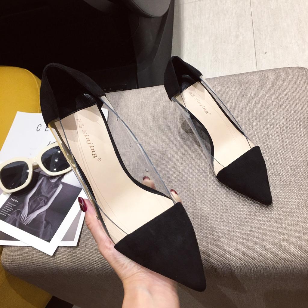 Fashion pointed toe leather patchwork transparent high heels shoes woman candy yellow pumps stiletto thin heel clear escarpins femme