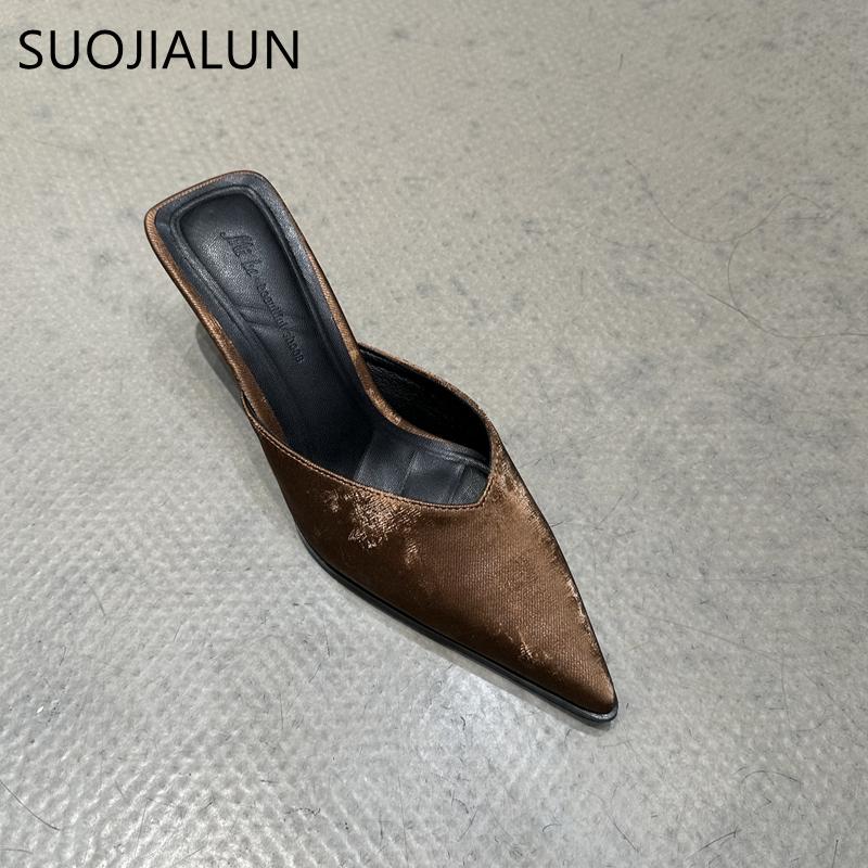 Fashion SUOJIALUN 2024 Spring New Women Slipper Fashion Pointed To Shallow Slip On Mules Shoes Thin High Heel Ladies Elegant Sandals