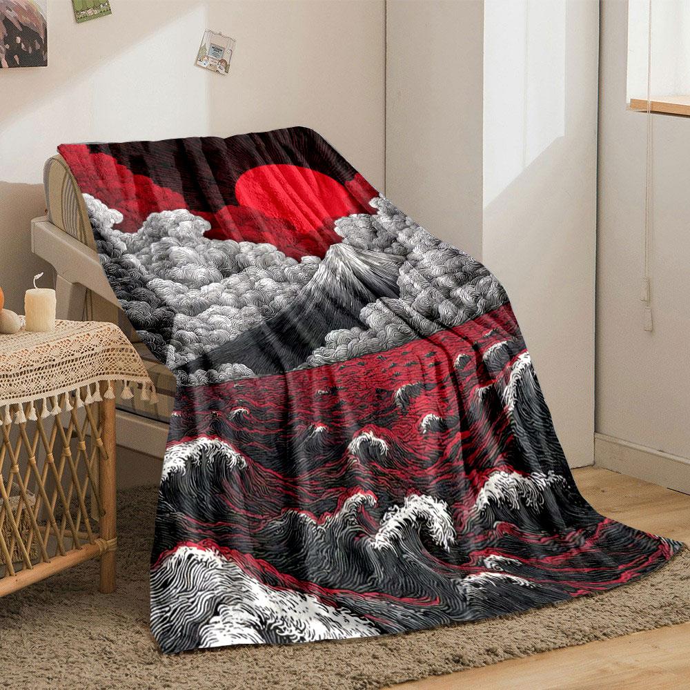 A Swirling Pattern of Clouds, Waves, a Mountain, and a Bold Red Sun. for All Seasons Blanket Lunch Break Throw Gift
