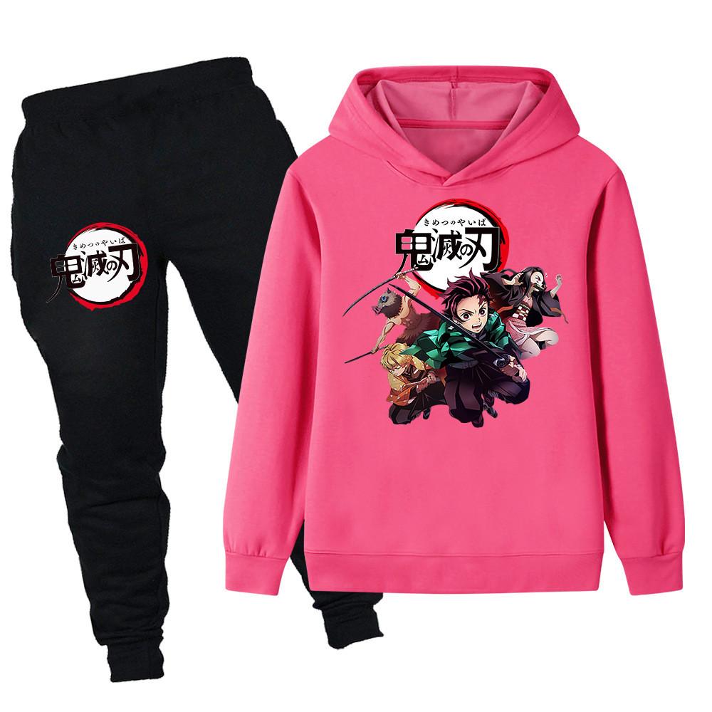 PB095 Kids Boys Girls Kimetsu No Yaiba Print Long Sleeves Hoodie Pants Trousers Clothes Sets