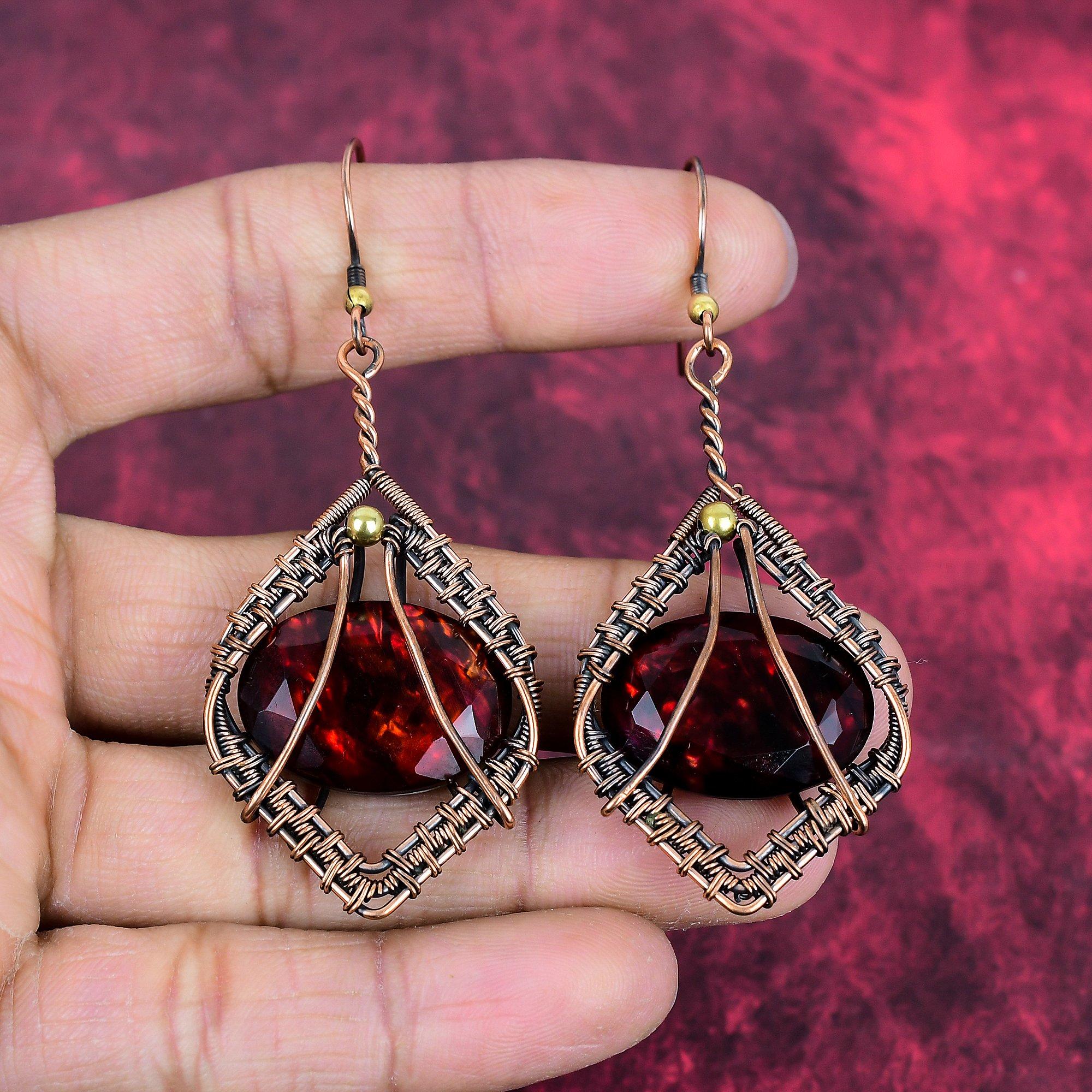 Faceted ammolite earrings copper wire wrapped earring handmade gemstone earrings ammolite jewelry anniversary gifts wonderful copper jewelry