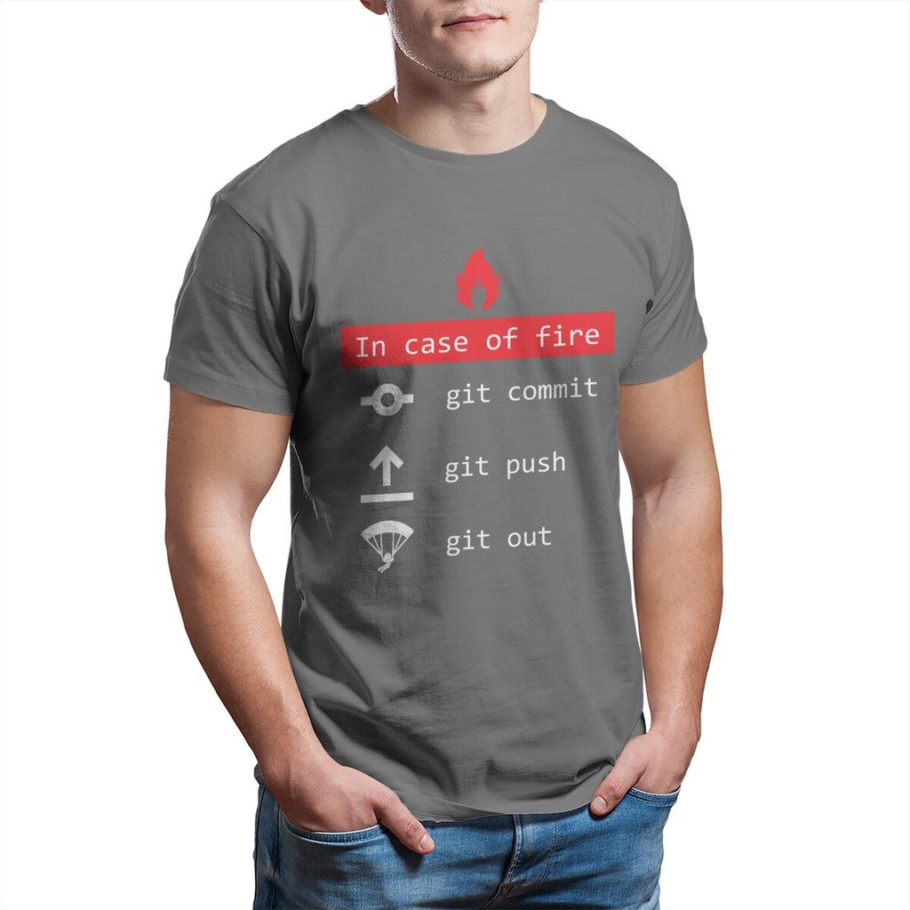 In Case Of Fire Git Commit Push Funny Coder Programmer Devops Network Sysadmin Geek T-Shirt for Men 100% Cotton Printed Clothing