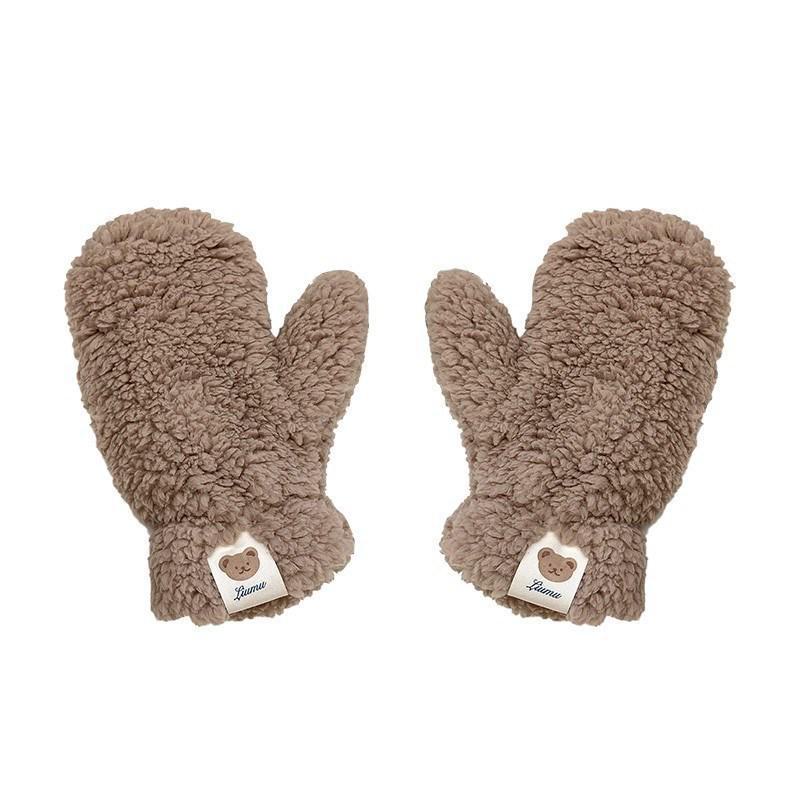 Cute Bear Plush Women's Winter Cycling Halter Neck Gloves - Warm, Thickened, Plus Velvet Cotton.