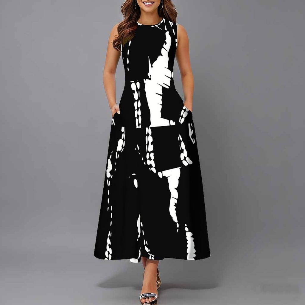Plus Size Women Sleeveless Round Neck Dress Vivid Tropical Plant Printed Flowy Mid Calf Gown