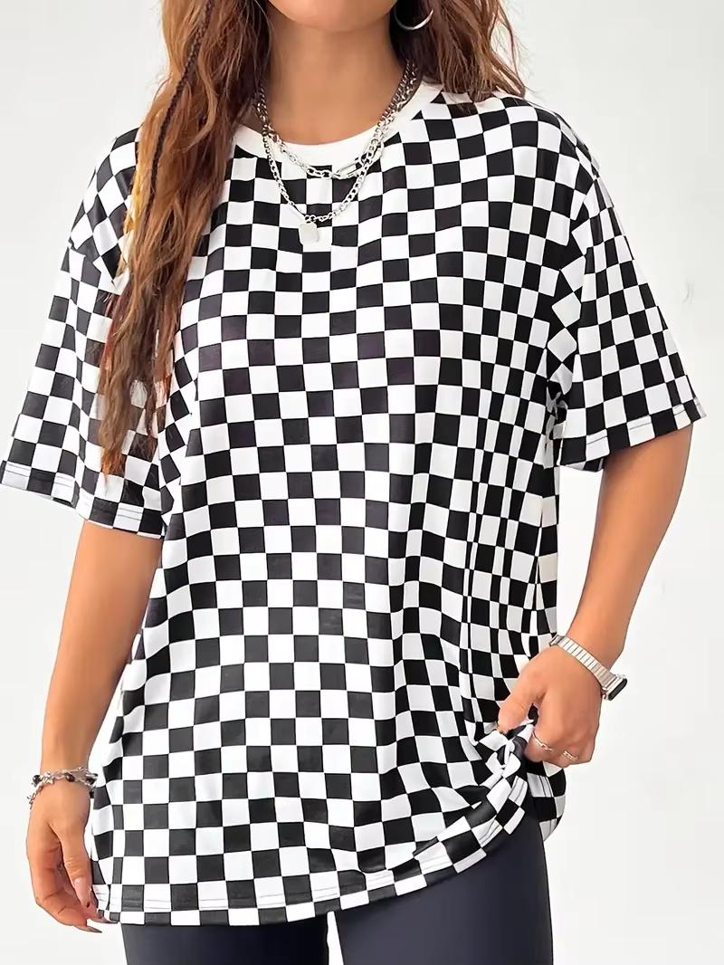 Classic Fashion Women s Sporty Checkered T-Shirt - Black & White Contrast Short Sleeve Top Breathable Round Neck Casual T-shirts S
