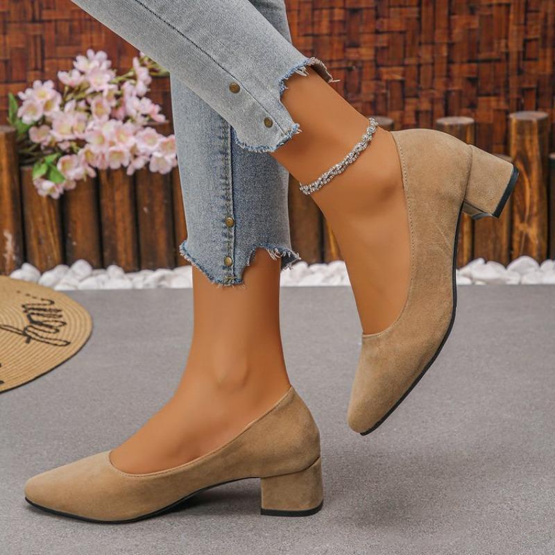 Big Women Suede Leather Shoes High Heels Ladies Dress Work Shoes Slip On Pumps Woman Square Heels Wedding Shoes