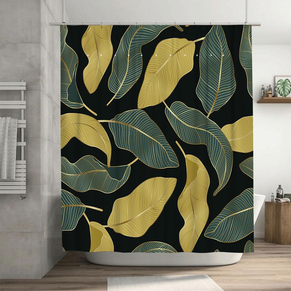 Greenery Leaves Shower Curtain Modern Design Decorative Waterproof Shower Panel Curtains For Bathroom Decoration In Yellow-Green
