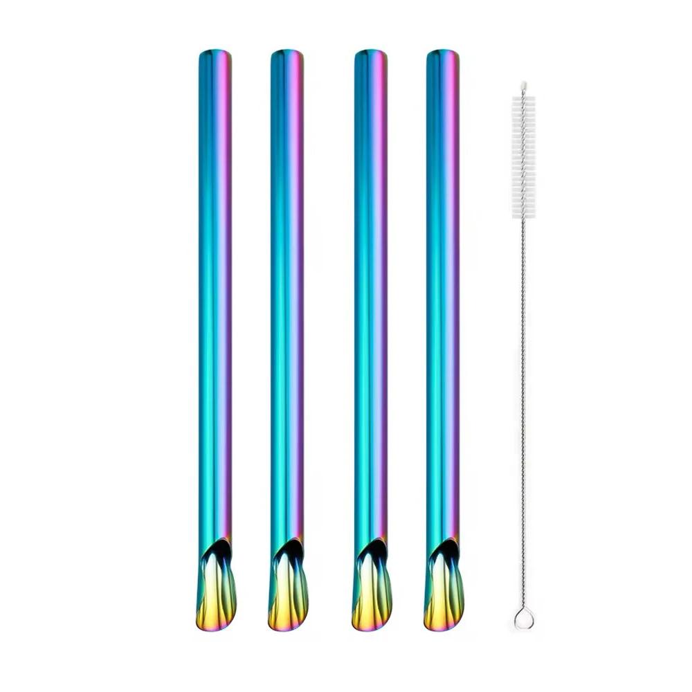 4Pcs Reusable Straw Spoon Stainless Steel Stirring Spoon Durability Drinking Straw with Brush Set Bar Creative Colorful Straw