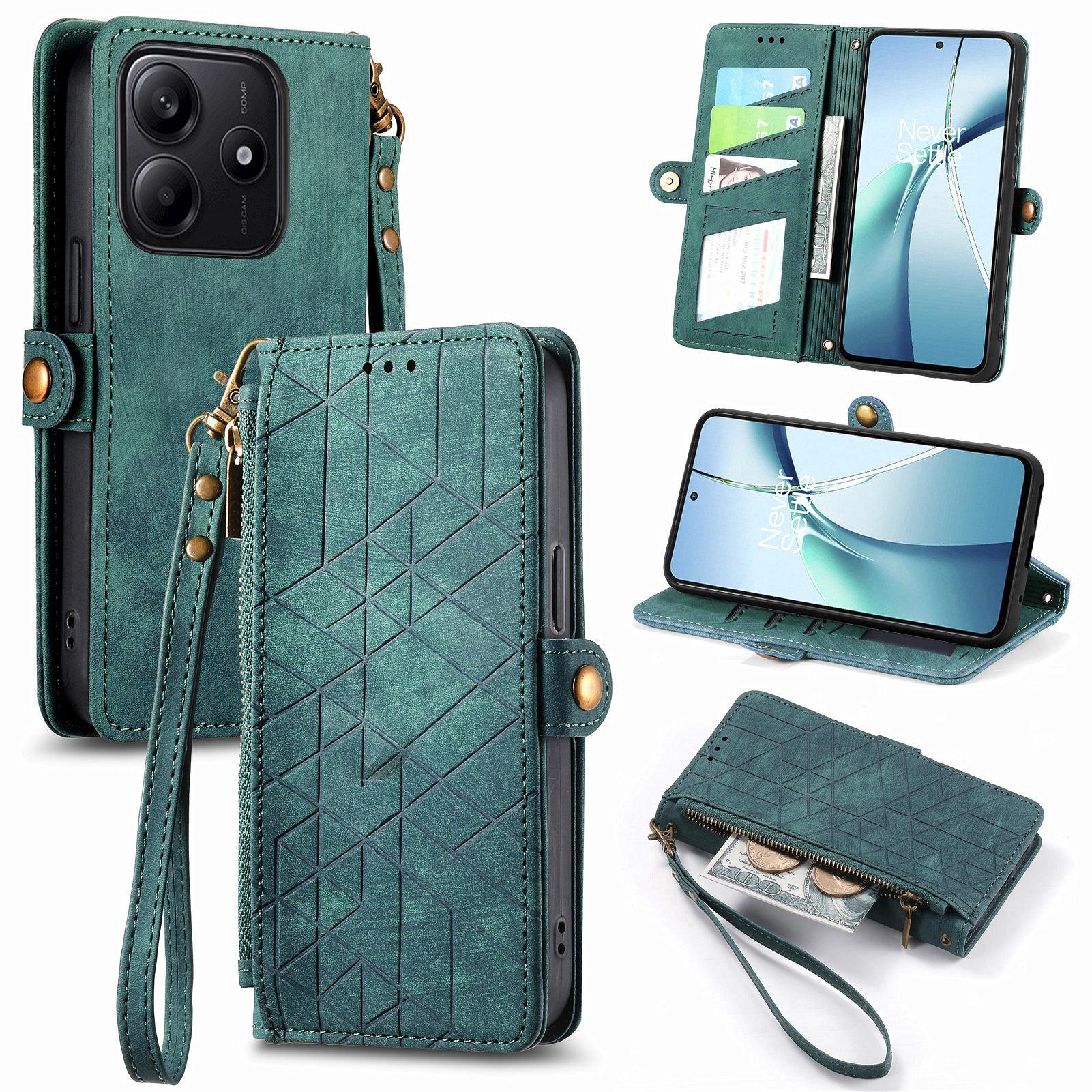 

For Xiaomi Redmi Note 14 5G Case Zipper Wallet Geometry Lines Leather Phone Cover Green