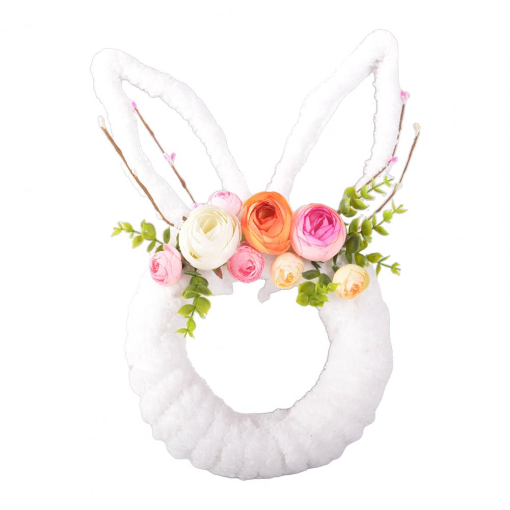 Easter Bunny Wreath for Front Door Yarn Wrap Rabbit Shaped Wreath with Artificial Flowers for Spring Porch Wall Window Decor