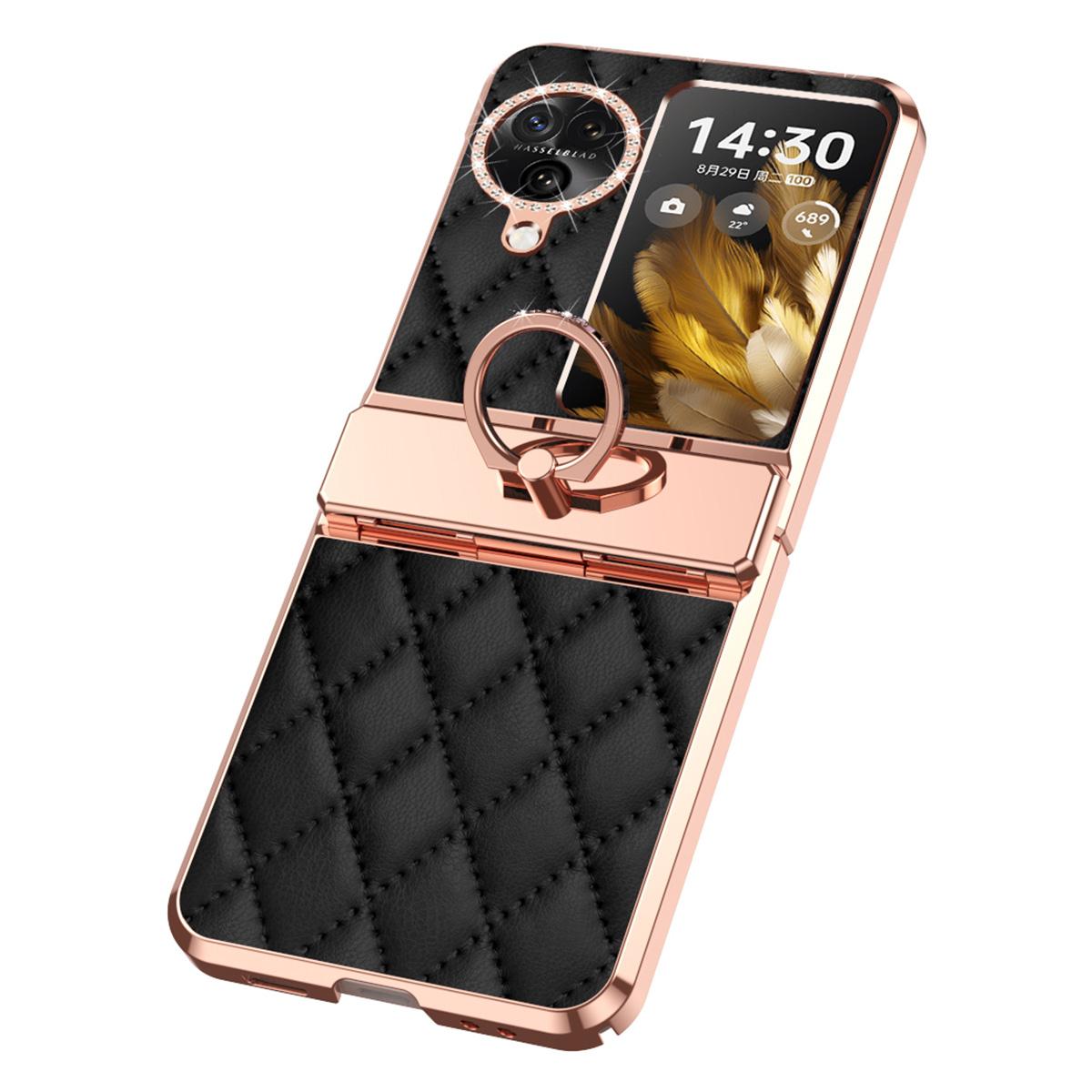 

For Oppo Find N3 Flip 5G Imprinted PU+PC Phone Case Rhinestone Ring Kickstand Electroplating Phone Cover Black