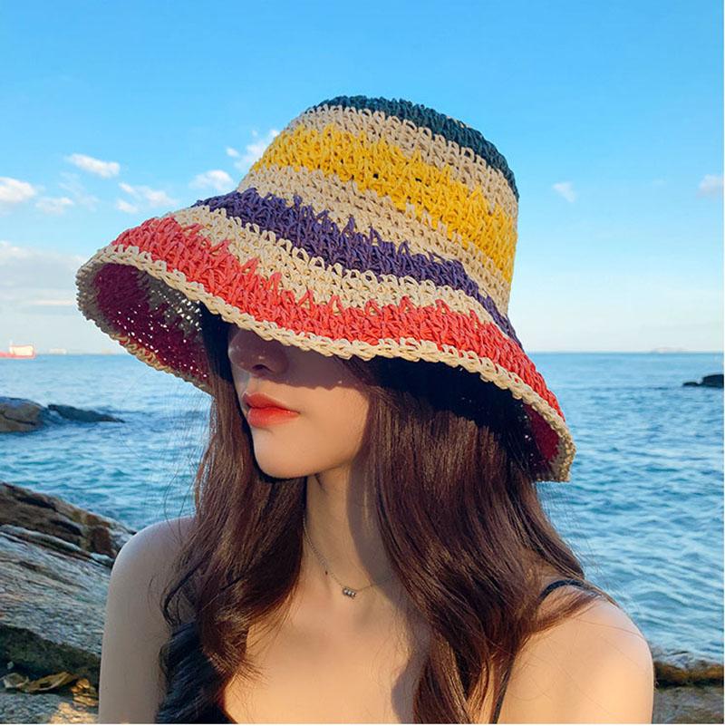 2021 Womens Straw Hat Rainbow Crochet Hand-made  Panamas UV Protection Sun Visor Beach Hats Women Visors Foldable Summer Sun Hat