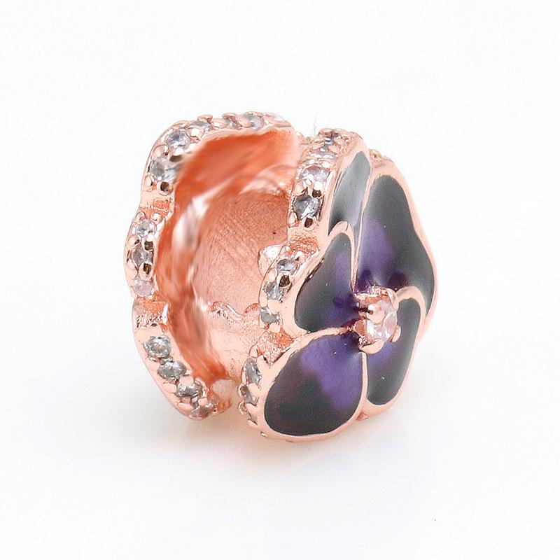 Rose Gold & Deep Purple Pansy Flower Charm - Elegant Beaded Gift for Women