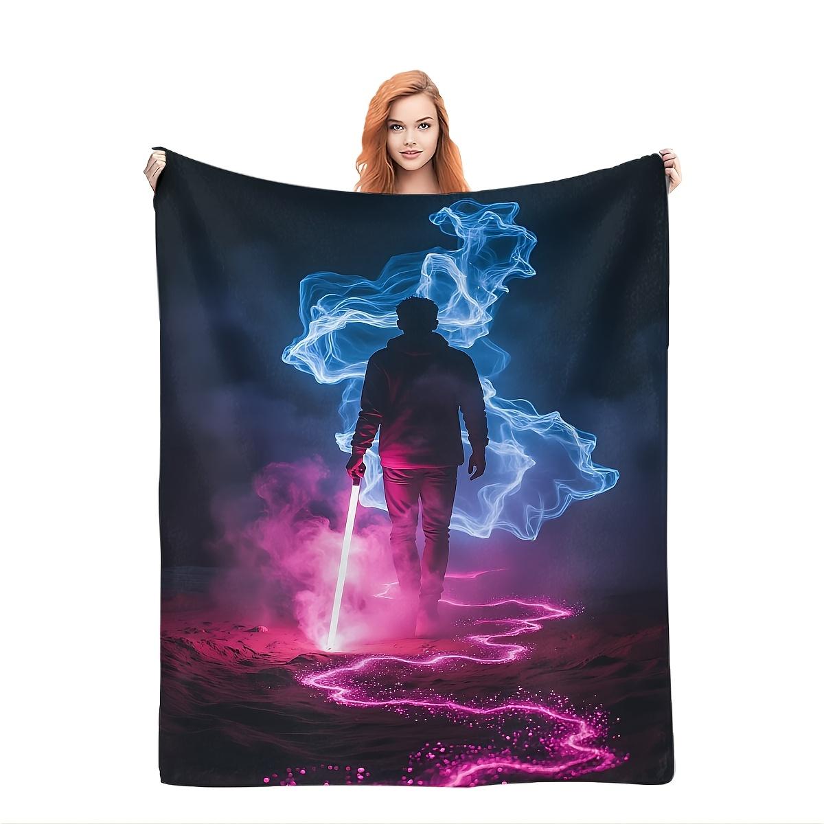 

1pc Neon Glow-in-the-Dark Flannel Throw Blanket - UV-Activated Pink & Blue Glow, Soft Cozy Bedspread for s &, Gaming, Parties 75x90cm28x35in