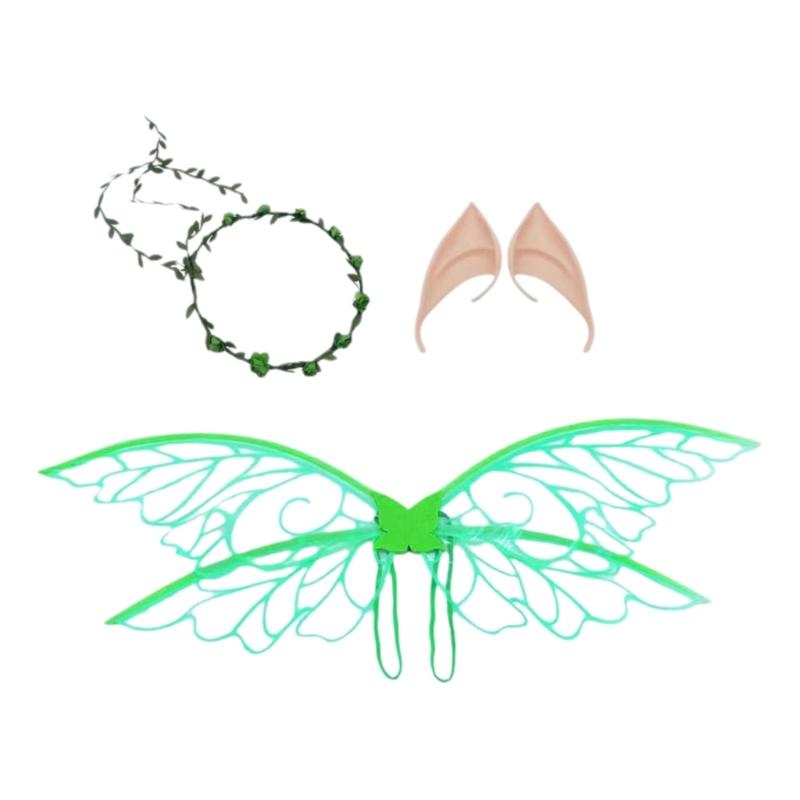 Girls Butterfly Wing Elf Wing with Elf Ears Flower Wreath Halloween Costume Accessories for Girl Christmas Wedding