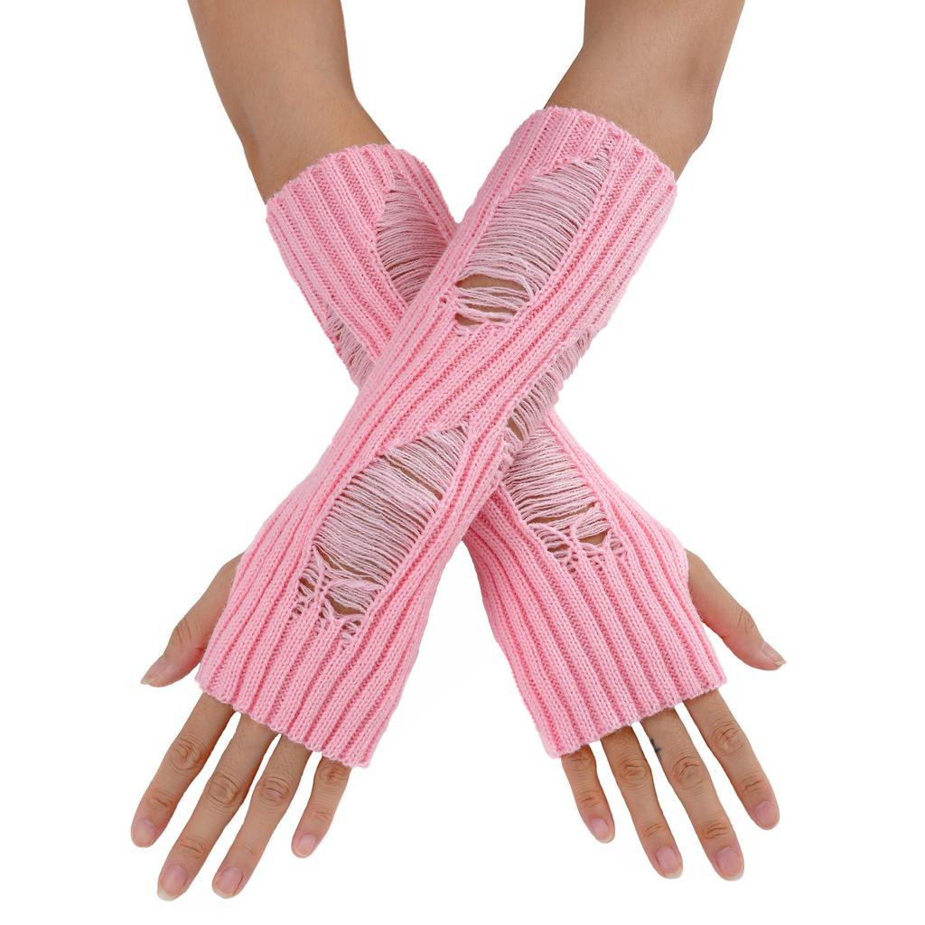 Perforated and Hollowed Out Woolen Gloves for Autumn and Winter Mid Length Fingerless  Warm and Fashionable Knitted Arm Covers for Women