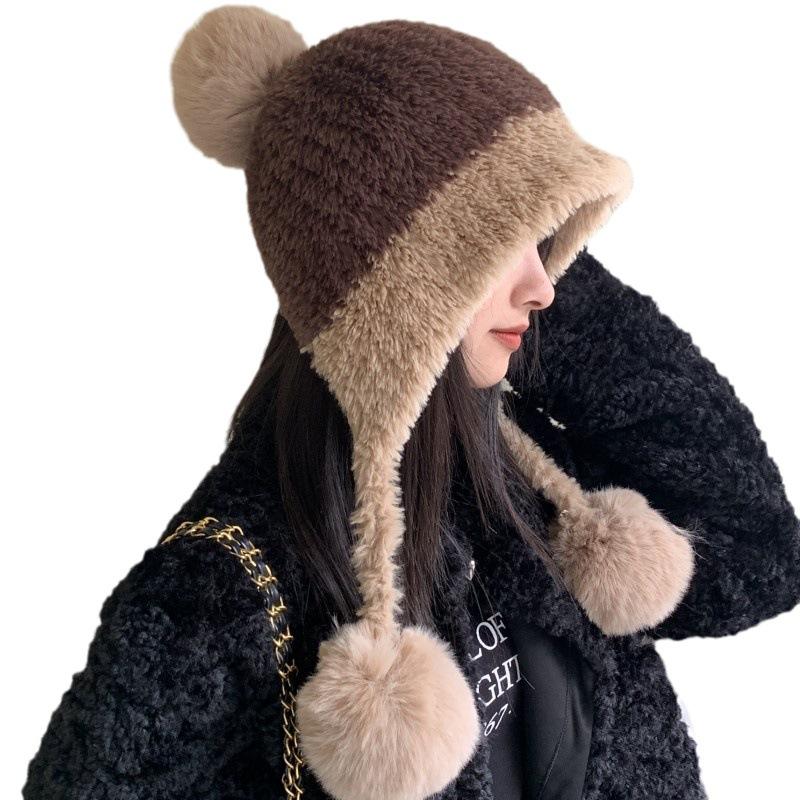 Bear plush hat women's winter splicing knitted wool hat outdoor riding ear protection bag head thermal hat