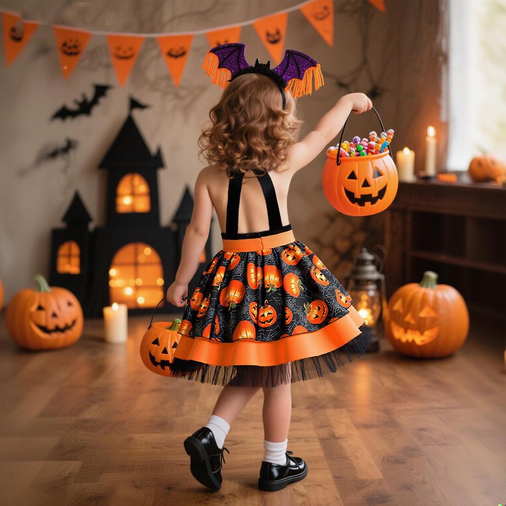 Halloween Kids' Formal Costume - Girls' Witch & Pumpkin Print Party Dress