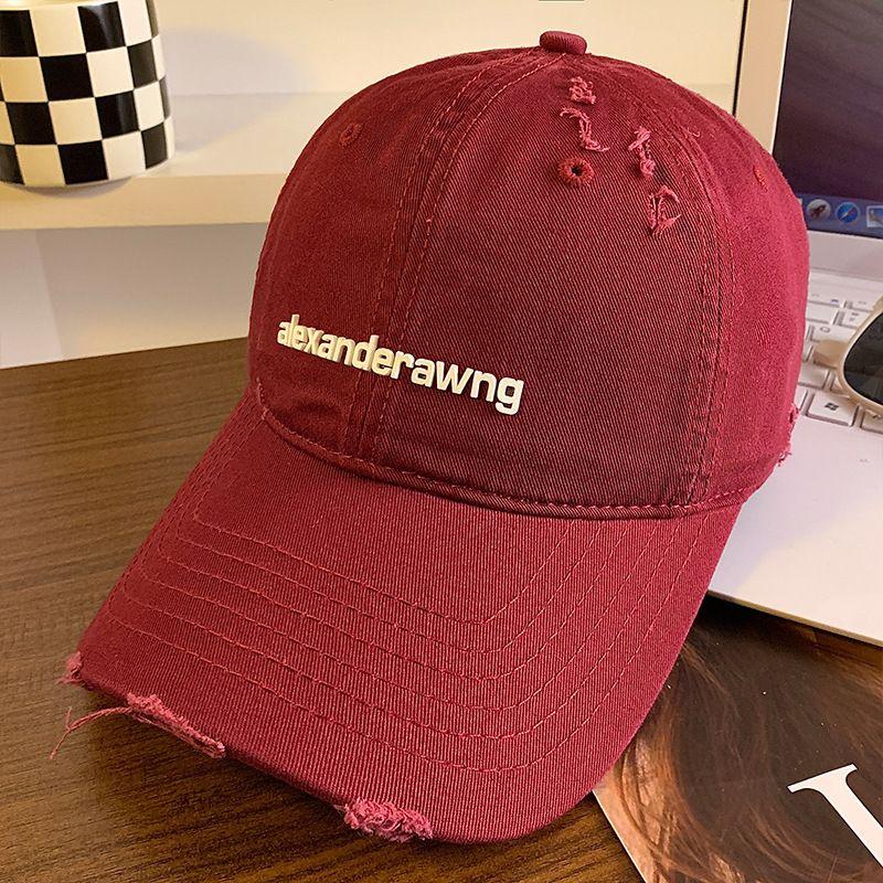 

Beige Letter Baseball Cap for Women Make Old Ripped Big Head Circumference Face-Looking Small Peaked Cap Wide Brim Big Face Soft Top Hat Burgundy Adjustable
