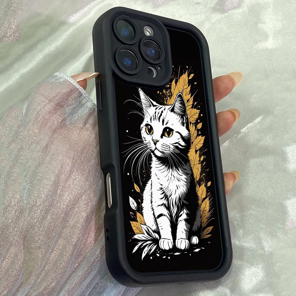 JT222 Cute white kitty art for iPhone 17 16 15 Pro Max Samsung S26 S25 Ultra A17 A16 A07 A56 A15 A06 Xiaomi 15T Redmi 15c 14C Soft TPU Case