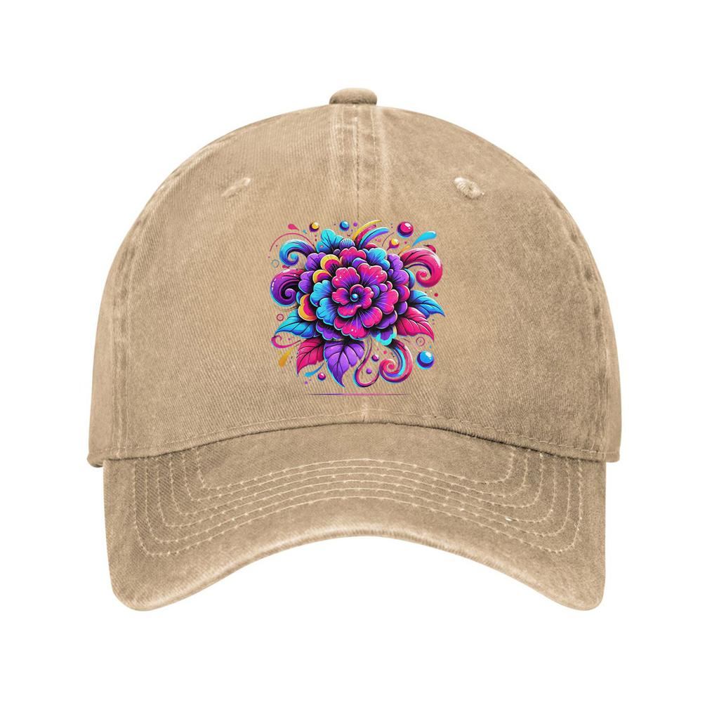 Vibrant Neon Flower Print Baseball Cap Adjustable Cotton Dad Hat Casual Unisex Summer Cap