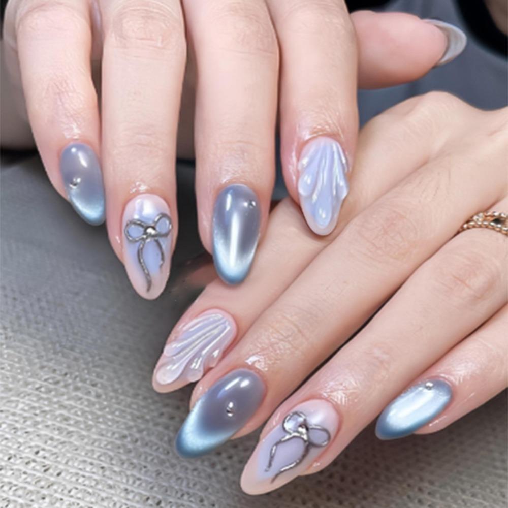 24pcs Manicure Long Almond False Nails French Misty Blue Retro Press On Nails Detachable Flowers Starfish Nail Tips DIY