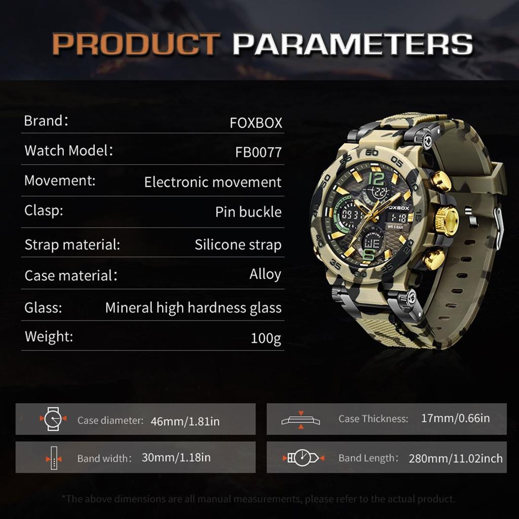 FOXBOX Orologio da Uomo Militare Mimetico Sportivo Orologio da Polso da Uomo Doppio Display Impermeabile Orologio Digitale da Uomo