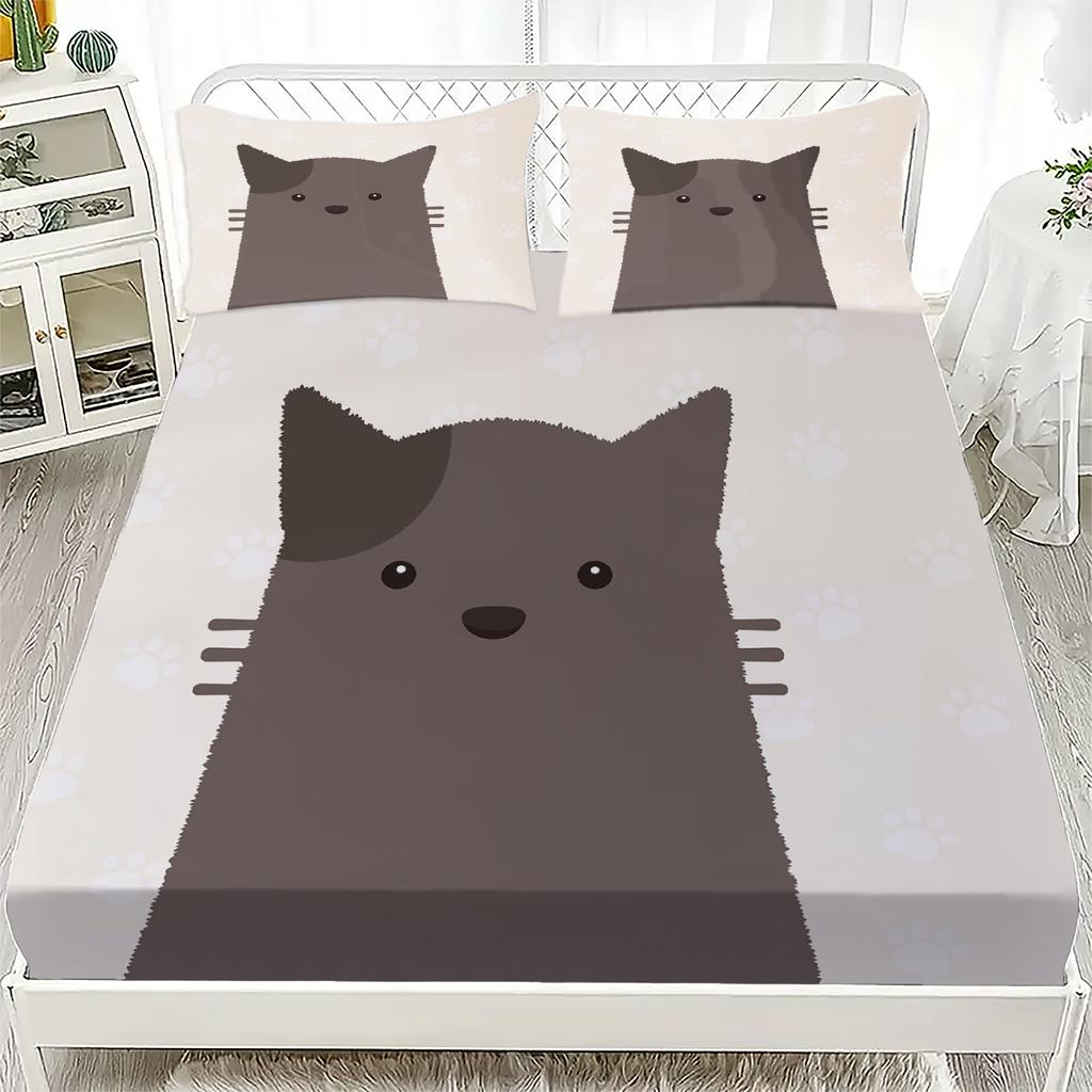 3pcs Cartoon Fitted Sheet Set Cute Lovely Cat Paw Print 100% Polyester Breathable Bedding Set for Home Decor with 2 Pillowcases