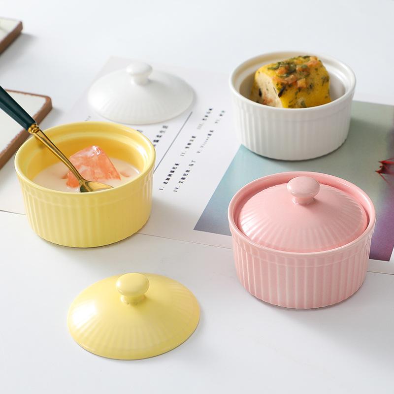 Ceramic Soufflé With Lid Small Baking Bowl Double Skin Milk Steamed Egg Bowl Pudding Bowl Baking Cake Bowl Dessert Bowl Bird'S Nest Cup