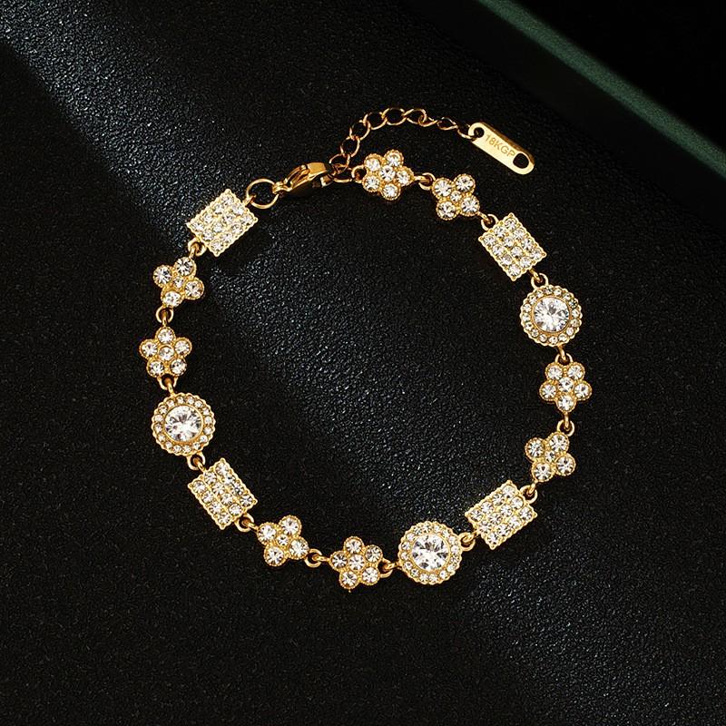 Elegant Multi-Layer Zirconia Crystal Bracelet Women Titanium Steel Geometric Design Gold Plated Fashionable Style