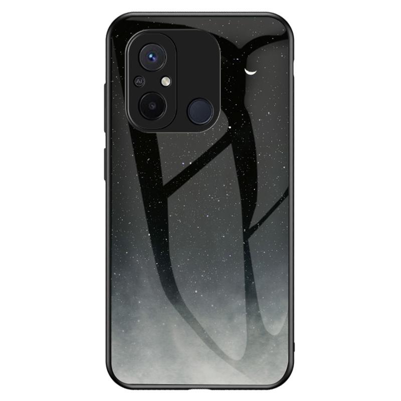 

For Xiaomi Redmi 12C 4G Tempered Glass Back Cover Starry Sky Pattern Anti-Scratch PC+TPU Phone Case Starry Crescent Moon