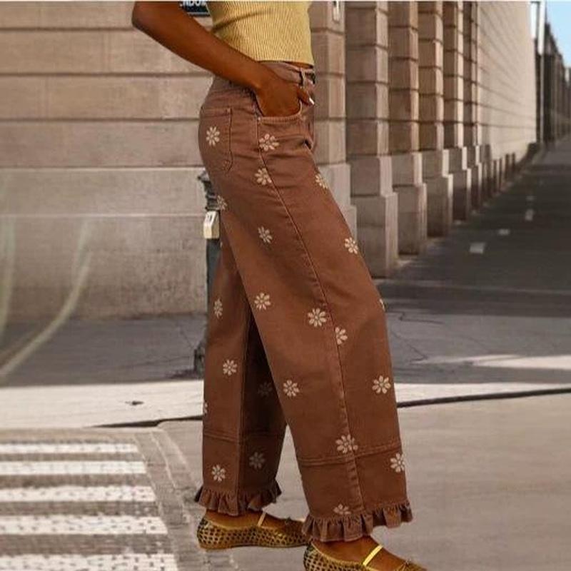 Women's Vintage Floral Daisy Print Wide Leg Jeans High Waist Ruffle Hem Patchwork Loose Denim Pants
