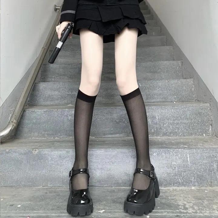 Lolita Summer Nylon Floral Lace Trim Calf Socks Ultra-Thin Transparent Sheer Knee High Socks Jk Girl Women Long Kawaii Stockings